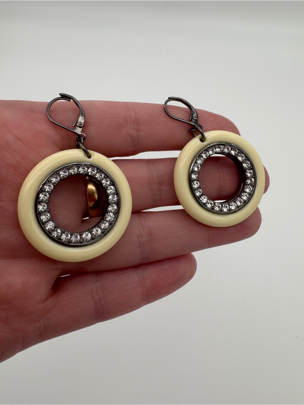 Vintage Kenneth KJL Ivory Hoop Earrings, Gunmetal Rhinestone Designer Jewelry